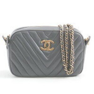 Chanel Lambskin Chevron Chain Shoulder Bag V Stitching Gray Camera